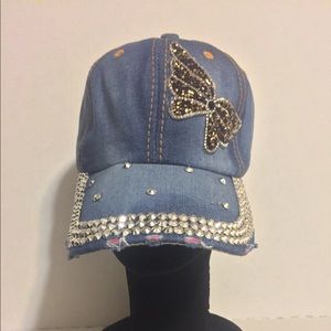 ♥️ Blue Jean Rhinestone Studded Hat Butterfly